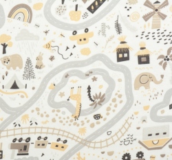 Bavlněný úplet potisk béžový vláček na smetanové