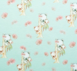 Úplet potisk koalí rodinka a růžové kytičky na mintové, BIO