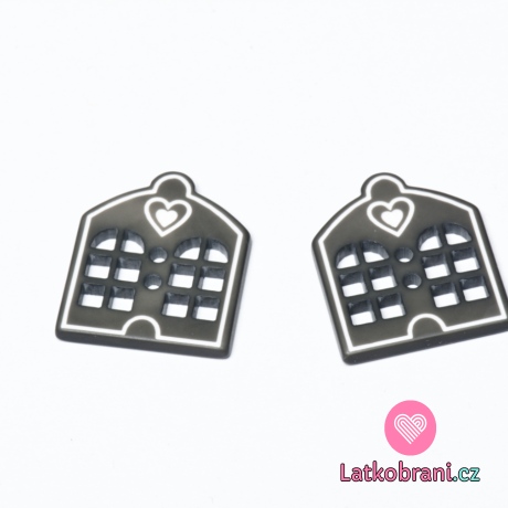 Knoflík ve tvaru domečku se srdíčkem šedý