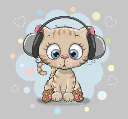 Panel kočka se sluchátky na šedé