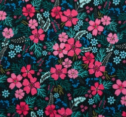 Softshell s fleecem potisk růžové květy s lístečky na tmavě modré 