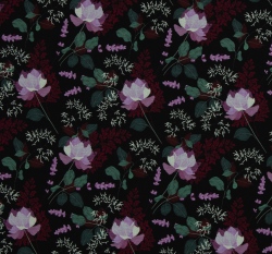 Úplet potisk květy lila na černé 