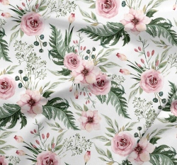 Bavlněné plátno šípková růže s listy na bílé