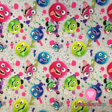 Teplákovina potisk drzí smajlíci na šedém podkladu s barevnými kaňkami
