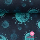 Bavlněné plátno tyrkysový virus na tmavě modrém podkladu