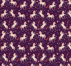 Úplet potisk jednorožci mezi lístečky na fialové