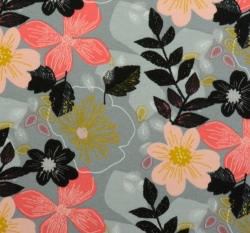 Teplákovina počesaná potisk barevné květiny na šedé, BIO