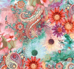 Viskózový úplet růžové květiny na zelené 