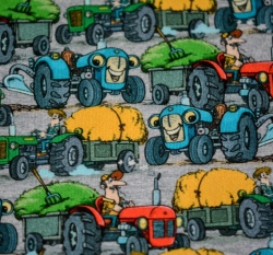 Teplákovina potisk veselé traktory při práci na šedé