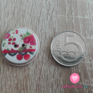 Knoflík imitace dřeva potisk květy a třešně s krajkou