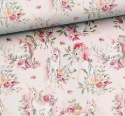 Teplákovina potisk jednorožci v růžové zahradě