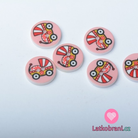 Knoflík kulatý dětský, kočárek na světle růžové