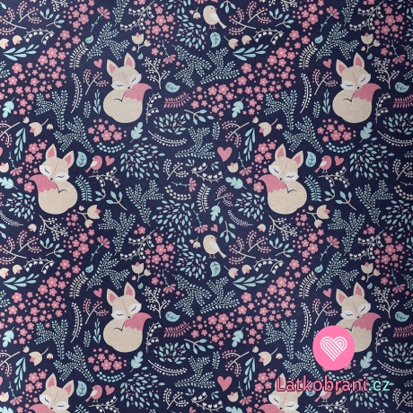 Bavlněné plátno lištička s kvítky na modrofialové