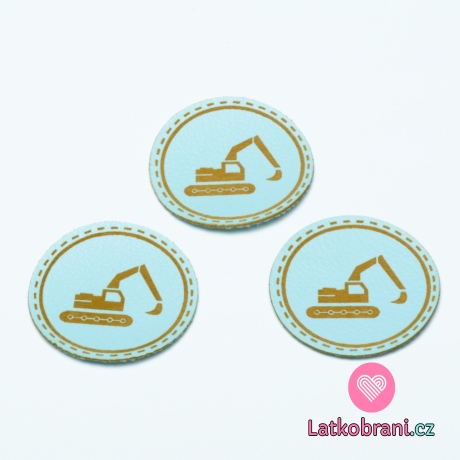 Štítek na oblečení kulatý "bagr", koženkový, imitace kůže, modrý