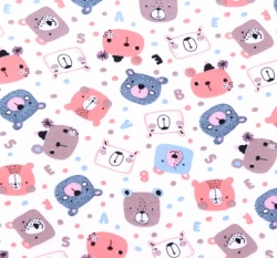 Bavlněný oboulícní úplet potisk medvídci do růžova na smetanové