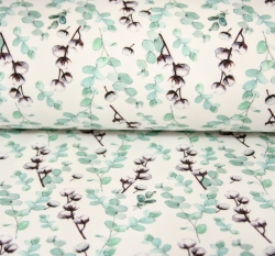 Teplákovina větvičky modré a bavlny na smetanové