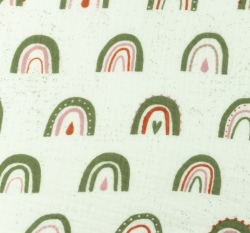 Dvojitá gázovina / mušelín starozelená duha na bílé 