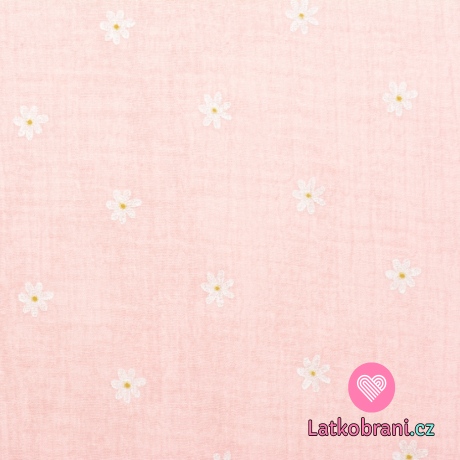 Dvojitá gázovina / mušelín malované sedmikrásky na světle růžové 