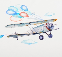 Panel letadlo s balónky na modré obloze