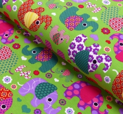 Úplet potisk barevní sloni a slůňátka na zelené