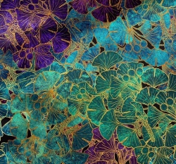 Teplákovina potisk ginkgo biloba v modro - fialové