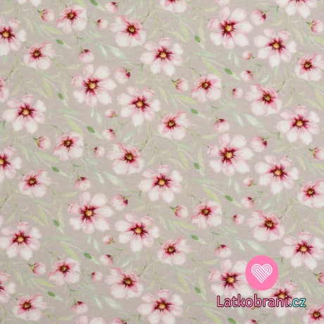 Úplet potisk jabloňový květ na světle šedé, BIO