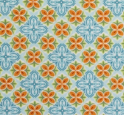 Bavlněné plátno modrá a oranžová kvítka na modré