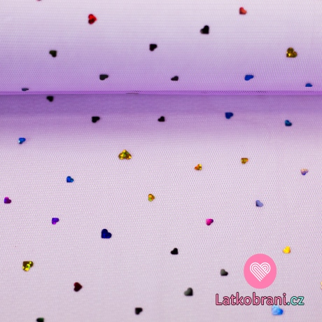 Jemný růžový tyl s barevnými srdíčky