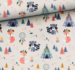 Teplákovina liška indiánka a mýval indián táboří v týpí v lese na béžové