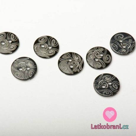 Knoflík kulatý, hladký černý s vyrytými ornamenty dvojí lesk - malý