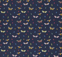 Úplet potisk vintage motýlci a broučci na tmavě modré 