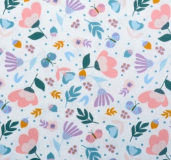 Bavlněný popelín pastelové květy a motýlci a bílé