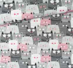 Bavlněné plátno kočky šedé, růžové v řadě 