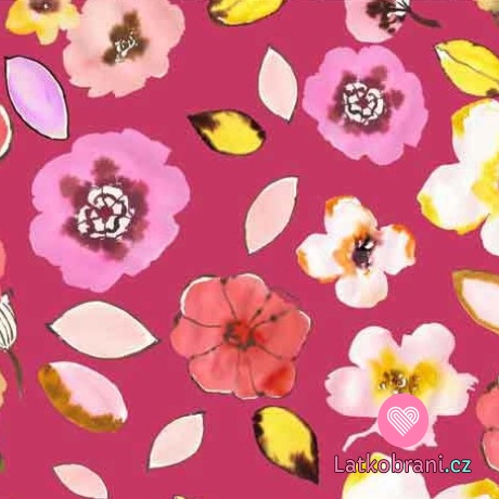 Úplet potisk akvarelové květy na růžové 