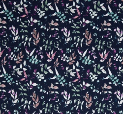 Žebrovaný úplet potisk barevné větvičky na modré