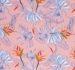 Viskóza s příměsí lnu potisk exotické květy na světle růžové