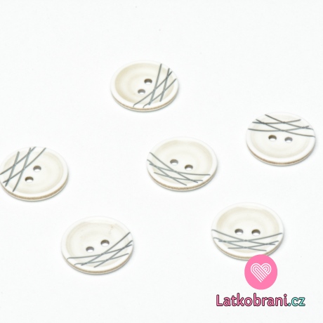 Knoflík bílý se šedými nepravidelnými pruhy