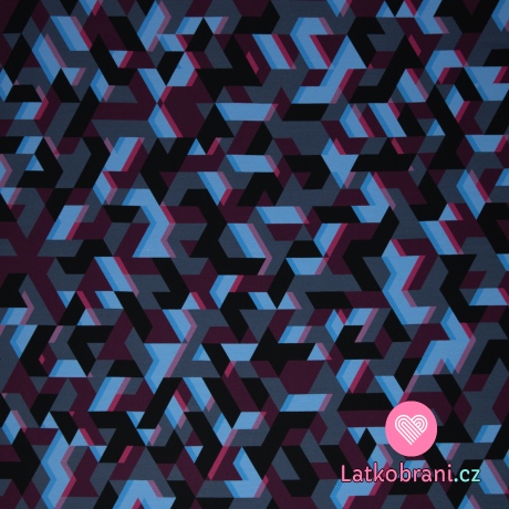 Teplákovina geometrické tvary na džínově modré 