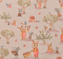 Teplákovina zajíček a myška s jablíčky na zaprášené růžové 