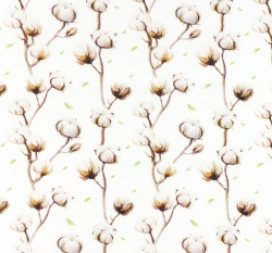 Popelín větvičky bavlníku na bílé 