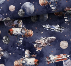 Teplákovina potisk vesmírná loď mezi planetami na modré 