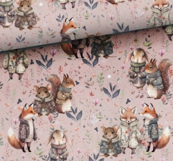 Teplákovina potisk lesní zvířátka v kabátku na růžové 