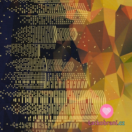 Teplákovina s příměsí modalu potisk abstraktní panoráma na žluto-černé