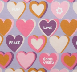 Teplákovina potisk srdíčka s nápisy na fialové