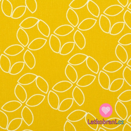 Bavlněné plátno potisk bílé lístky na hořčicové