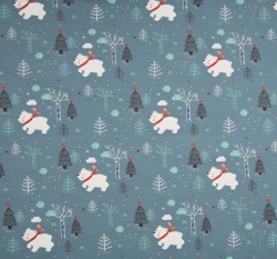 Úplet potisk lední medvídek v zasněženém lese na zaprášené modré