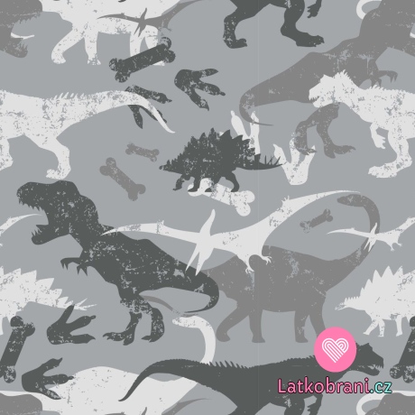 Teplákovina počesaná potisk dinosauři na šedé