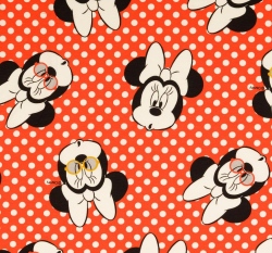 Úplet potisk hlava Minnie a bílý puntík na červenooranžové 