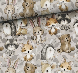 Bavlněná plátno potisk děti lesa na šedo-béžové