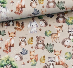 Teplákovina potisk lesní zvířátka na světle béžové 